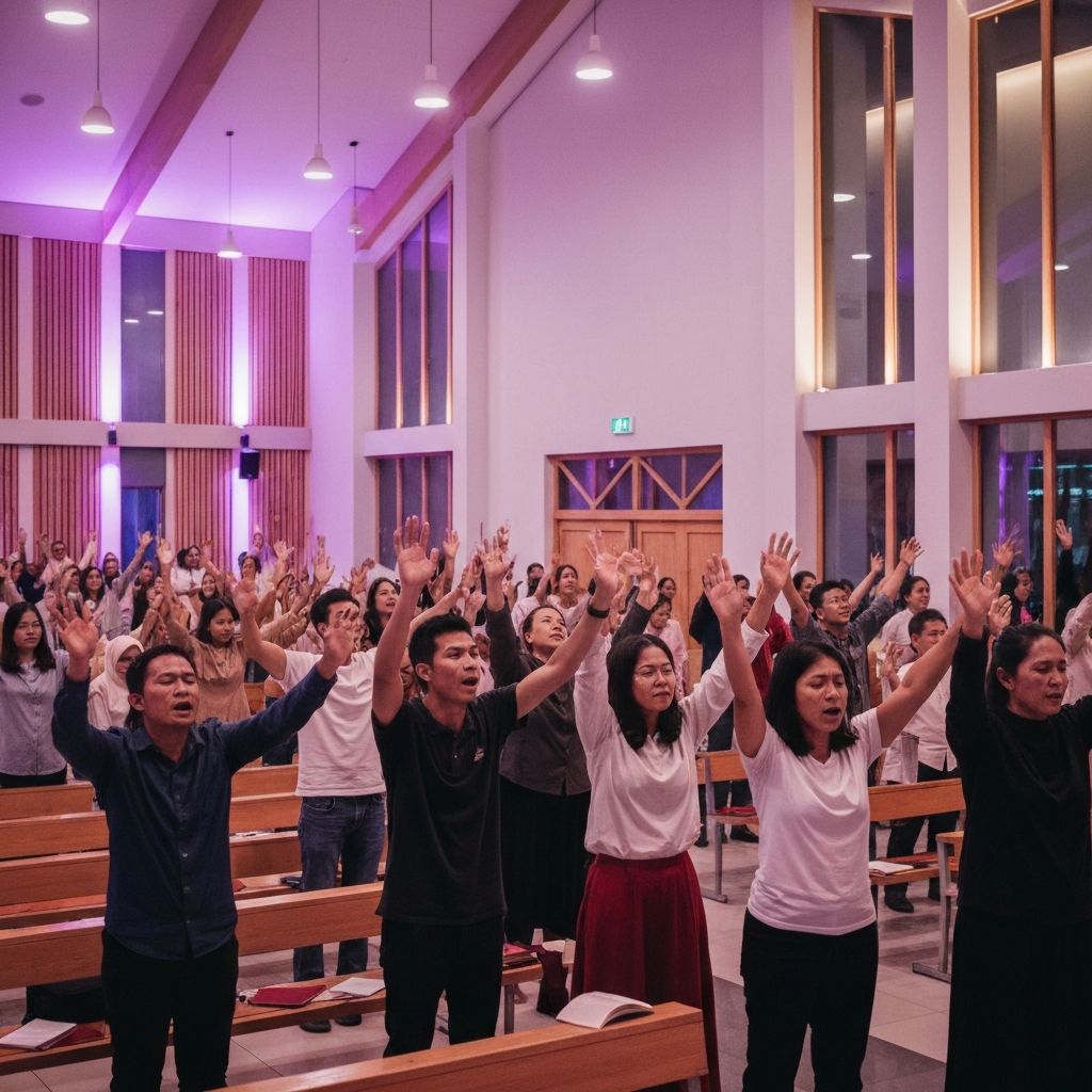 Congregation worshiping in a modern church